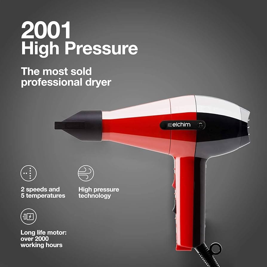 الكيم مجفف شعر احترافي عالي الضغط 2001 - احمر/اسود، Elchim Classic 2001 Professional Hair Dryer - الصورة 3